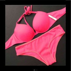 NWT VS 36D push up bikini neon pink stitched